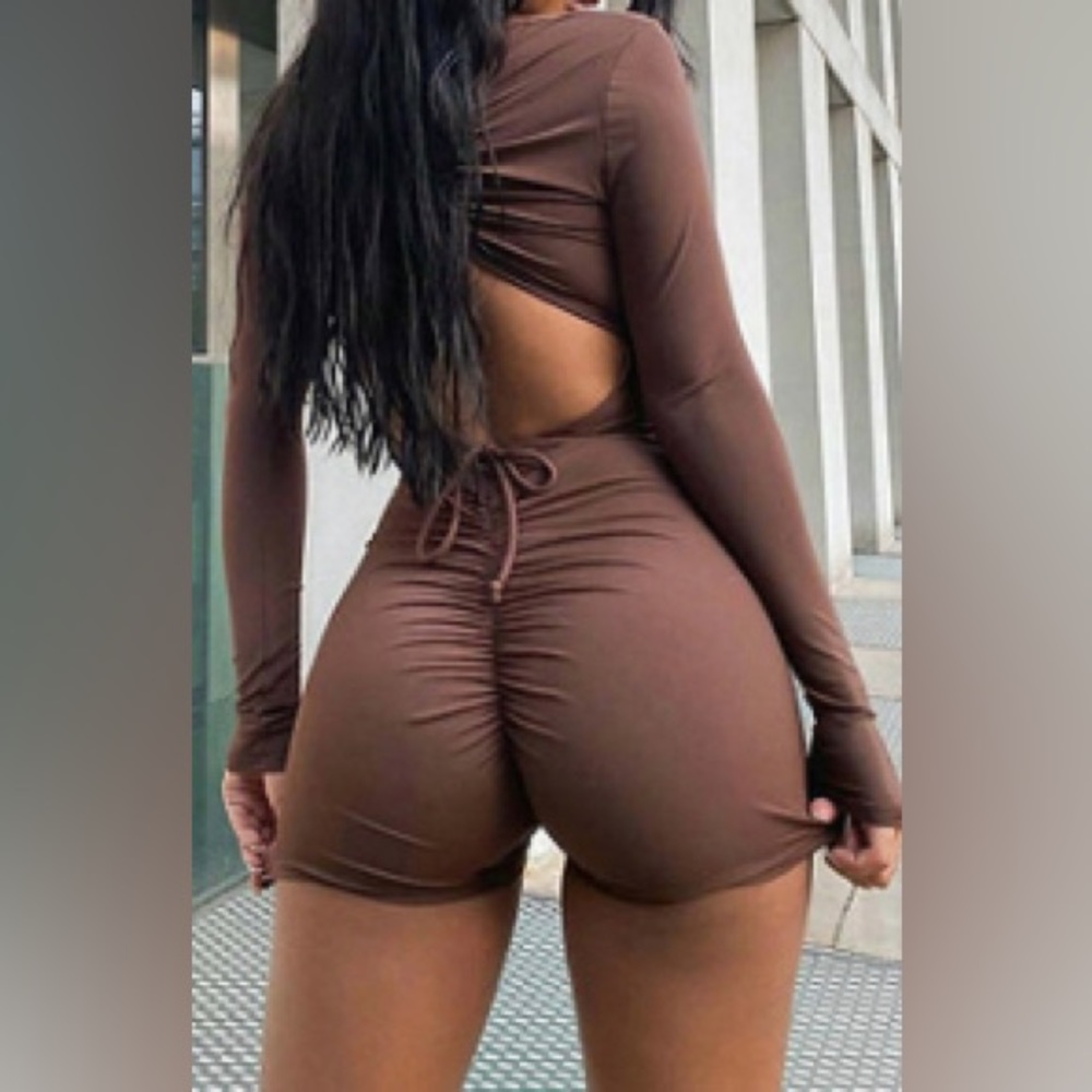 Sexy Plain Blackless Shirred Drawsting Brown Dolmi Romper